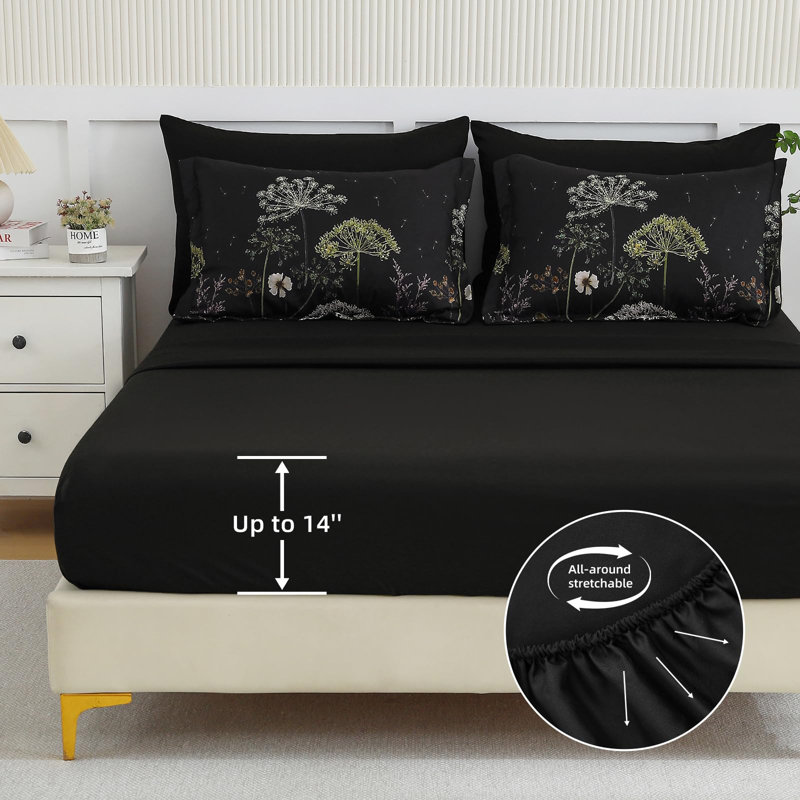 Ensemble d'édredon floral 7 pièces Dandelion, Édredon de très grande taille et 6 pièces suppl, Noir