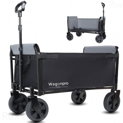 All-In-One Convertible Folding 4-Wheel Trolley With Bench Seat And Dog Leash - Heavy Duty Foldable Utility Trolley For Camping, Beach, Shopping - Versatile Seating And Storage Space, Black/Gray