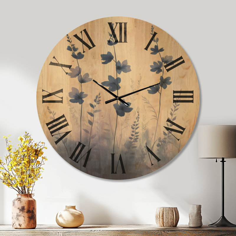 Horloge murale ronde « Prairie de fleurs sauvages bleues » de style cottage, imprimée sur bois massif, Très grand