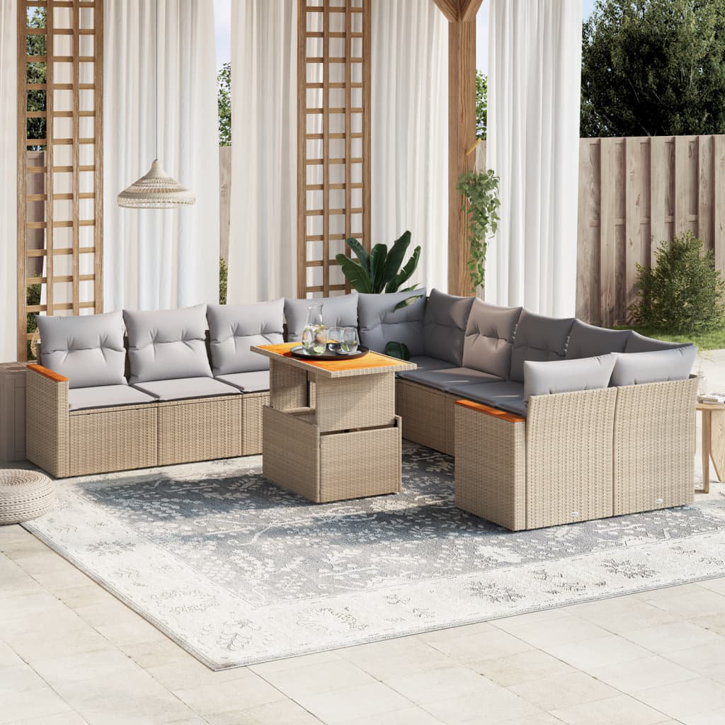 Vidaxl 11-Tlg. Garten-Sofagarnitur Mit Kissen Beige Poly Rattan