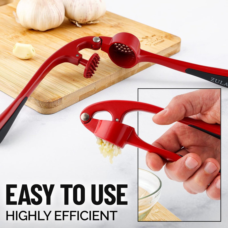 Zulay Kitchen Premium Garlic Press Set - With Silicone Garlic Peeler & Brush, Red
