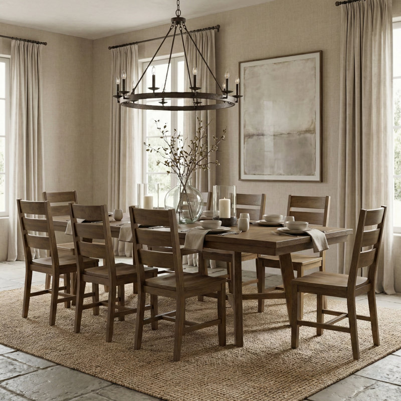 Alderon Modern Extendable Rectangular Dining Table Set, Brown, 9 Pieces: Table, 8 Chairs