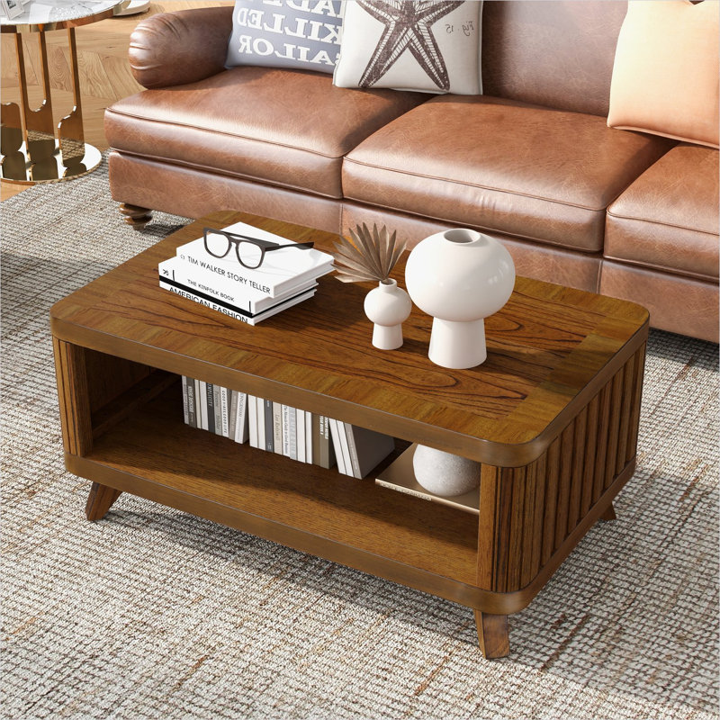 Table basse rectangulaire avec tablette ouverte, finition brune, pieds en bois massif, table de salon