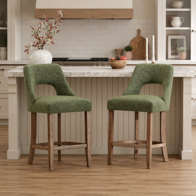 Mid Century Modern Bar Stools Set of 2, Upholstered Counter Height with Breathable Fabric and Wooden Legs, Green
