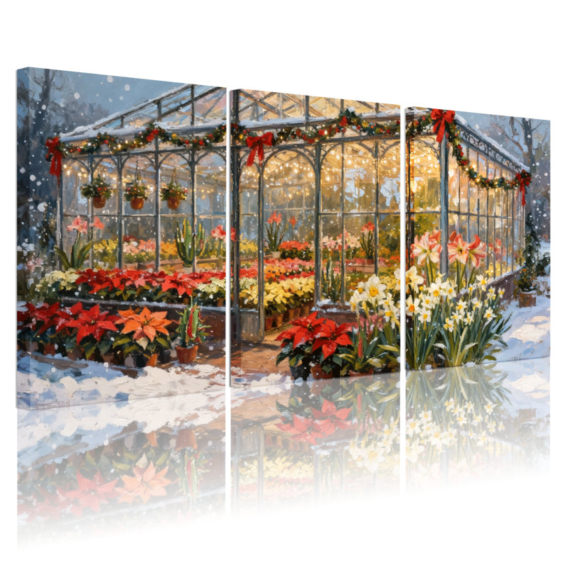 Jardin d'hiver de Noël avec fleurs et neige, ensemble de 3 impressions d'art sur toile