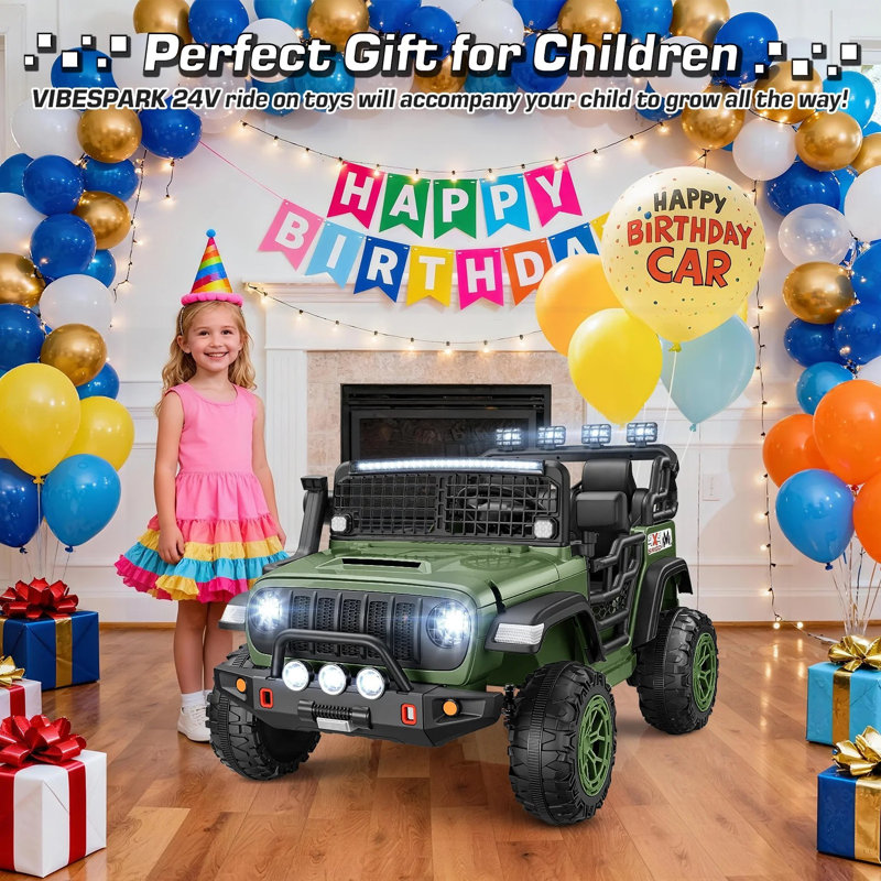 Voiture électrique 2 places 24 Volt pour enfants, 400 W avec autos avec télécommande, véhicule avec Bluetooth, musique, affichage de puissance, haute / basse vitesse, contrôle de la lumière, suspension, vert
