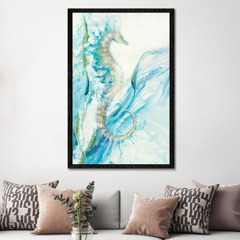 New Seahorse by Dina D'Argo - Painting on Canvas, 152.4cm H x 101.6cm W x 3.81cm D, Black Framed