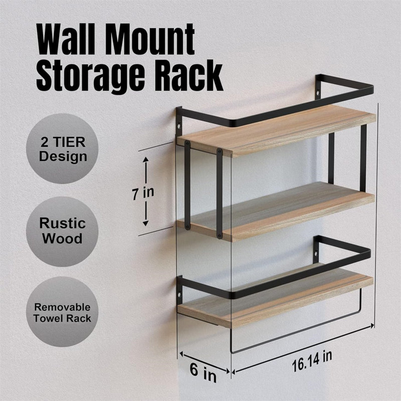 2+1 Tier Wall Mounted Floating Shelves Set of 2, Rustic Wood