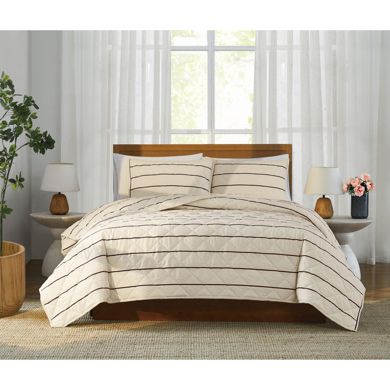 Brooklyn Loom Hayward Stripe Quilt Set, Ivory/Brown, Queen Quilt + 2 Standard Shams