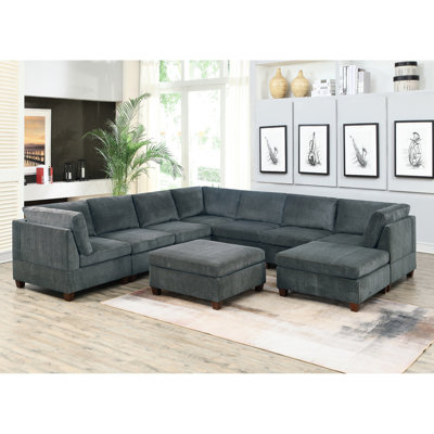 Canapé modulaire ultra doux 9 pièces en chenille grise pour le salon, 3 canapés d'angle, 4 chaises sans accoudoirs et 2 grands repose-pieds de style contemporain avec coin, sensation luxueuse