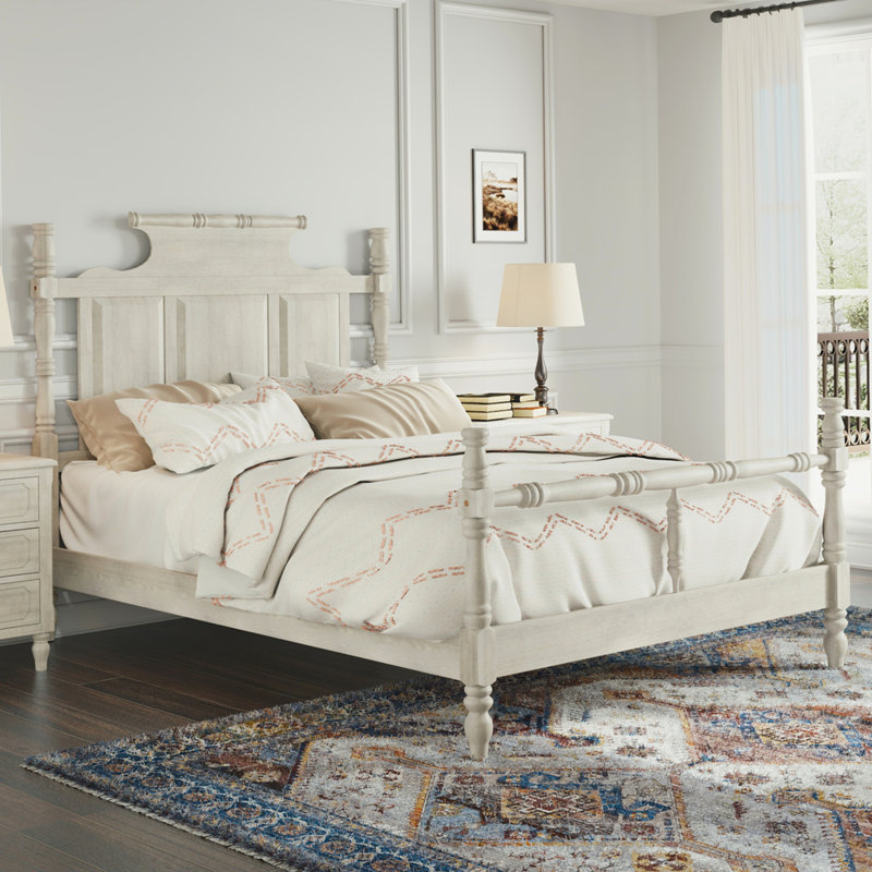 Wood Frame Four Poster Platform Bed with Crown-like Headboard, Queen, Retro White