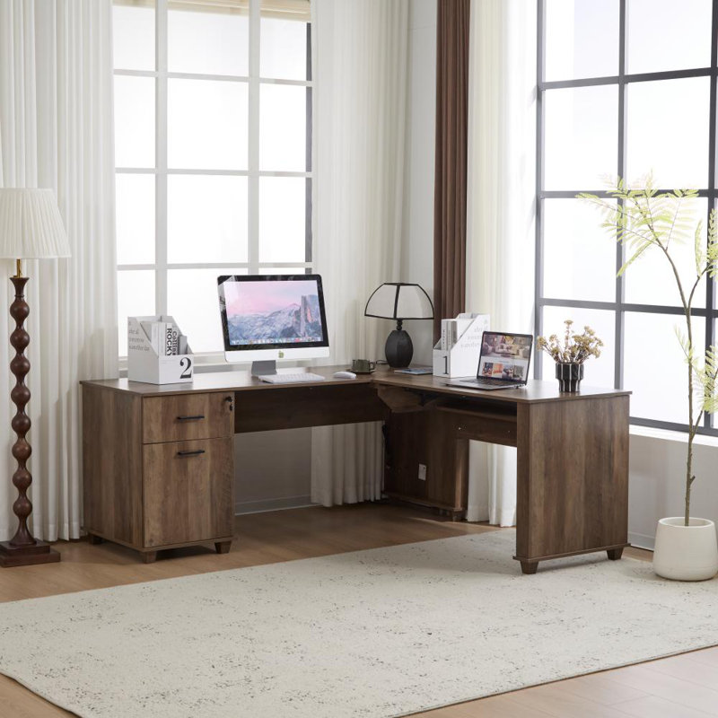 29.13in Gray Particle Board L-Shaped Two Draws Desktop Can Be Raised And Lowered With 2 Interfaces And 2 USB Sockets Computer Desk