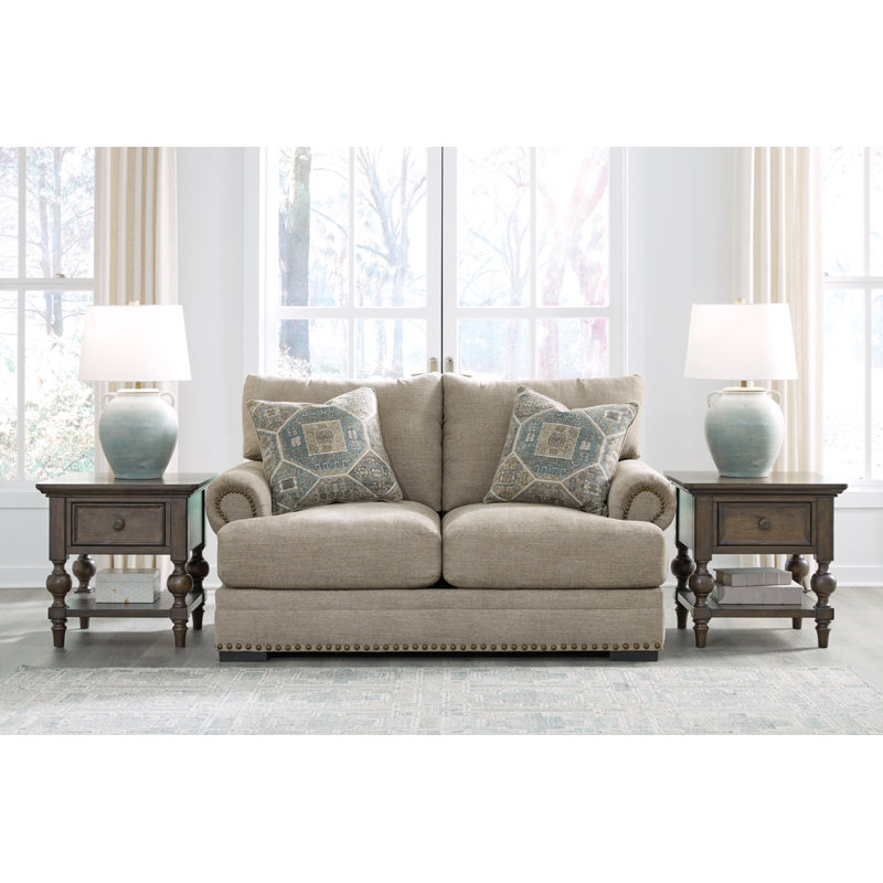 Beige Fabric Rolled Arm Nailhead Loveseat