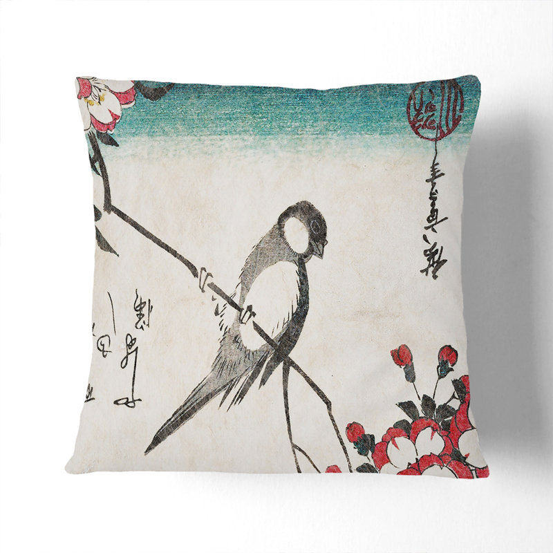 Bird & Cherry Blossom Square Throw Cushion, Stone, 55 x 55 cm
