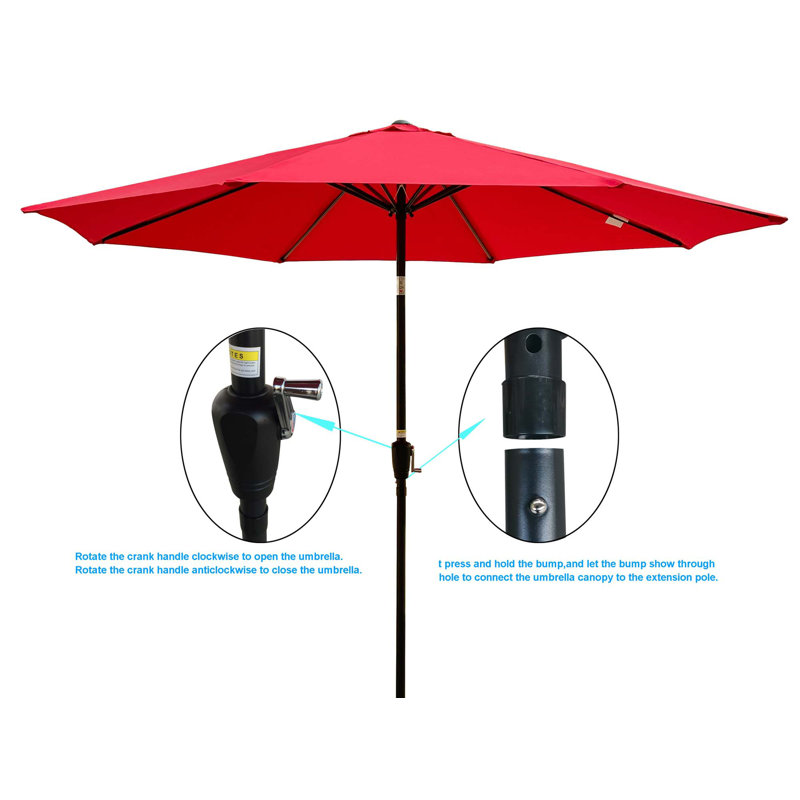 Parasol de patio extérieur 10pi (3 m) sans rabat, 8 pièces, avec inclinaison, avec manivelle, sans base, rouge, taille de poteau 38 mm