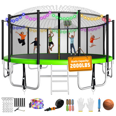 Furiphe 16' Round Backyard Trampoline With Safety Enclosure, Basketball Hoop, Sprinkler, Lights, Socks, Wind Stakes
