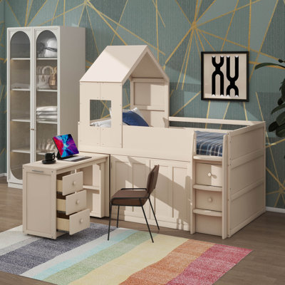 Lit mezzanine simple pour enfants et adolescents, livré avec bureau et armoire, lit mezzanine en bois avec toit sur le thème de la maison, tiroirs et compartiments de rangement