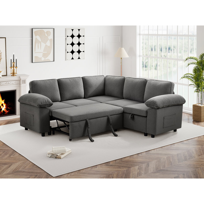 Waldorf 84.6" 5-Seat L-Shaped Sectional Sleeper Sofa with Pull-Out Bed & Storage, Gray 