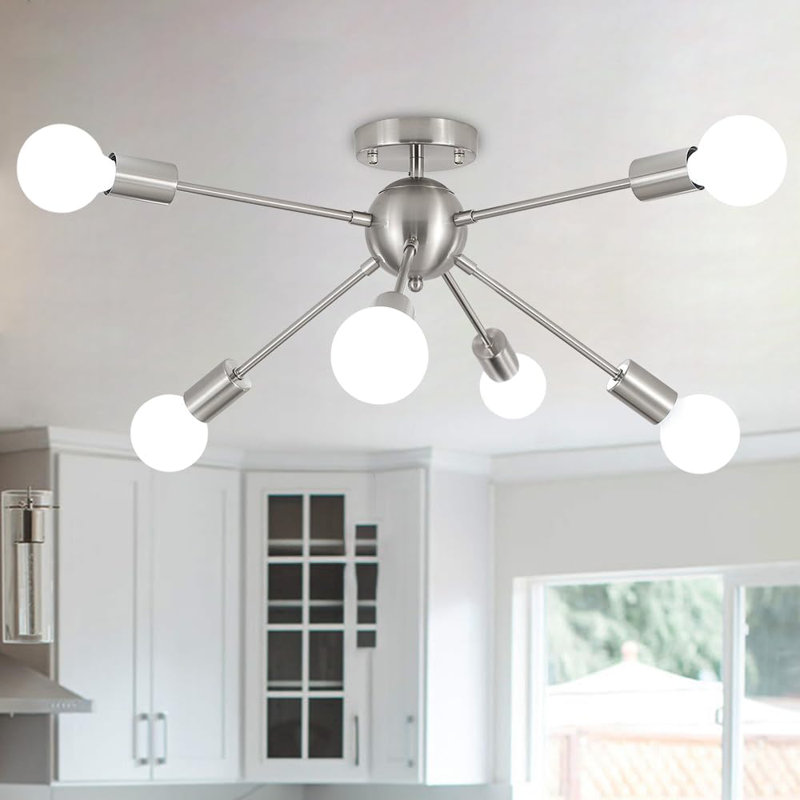 Plafonnier semi-encastré moderne en nickel brossé 6 lumières, à intensité variable et compacte, parfait pour la cuisine, la salle à manger et la chambre à coucher