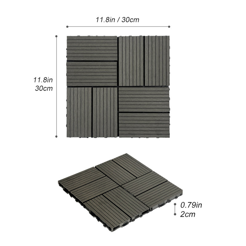 Carreau de terrasse en bois et en plastique 11,8 po x l 11,8 po (ensemble de 20), Gris foncé