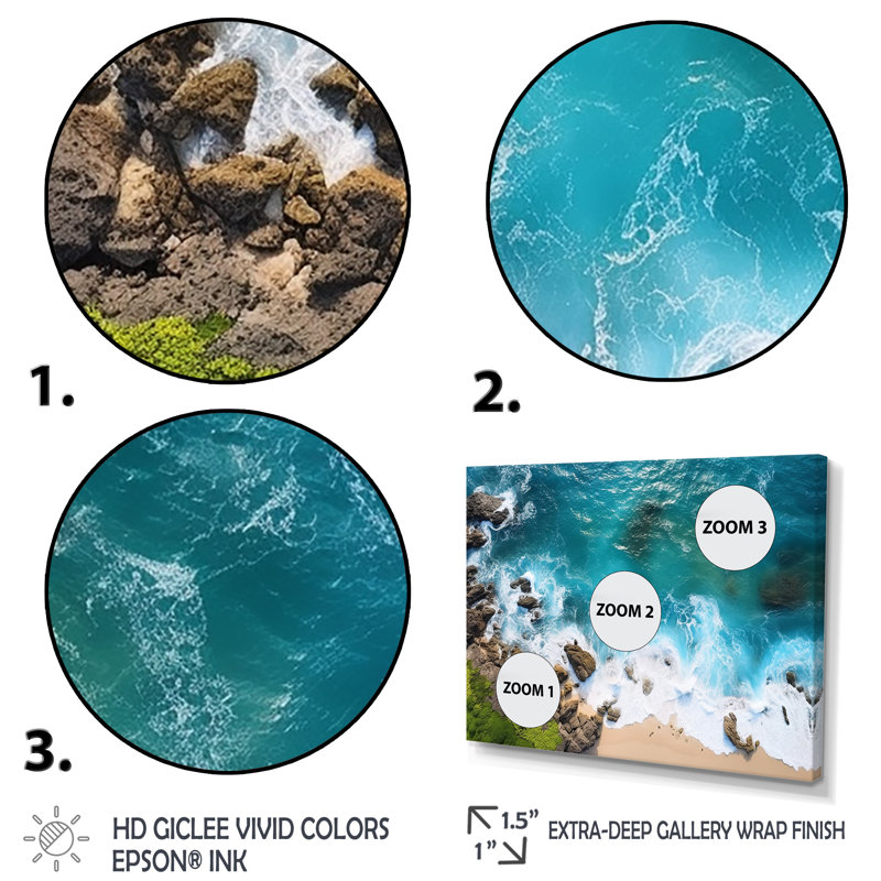 Vue aérienne de Rocky Beach VI - plage et océan, art mural, Cadre de coin blanc fermé, H 34 po x l 44 po x P 1,5 po