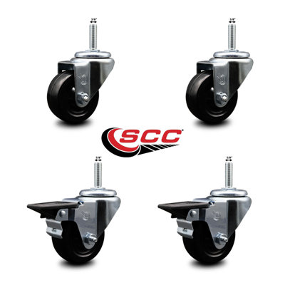 3 Inch_Soft Rubber Wheel Swivel 5/8 Inch Threaded Stem Caster Set 2 Brakes SCC