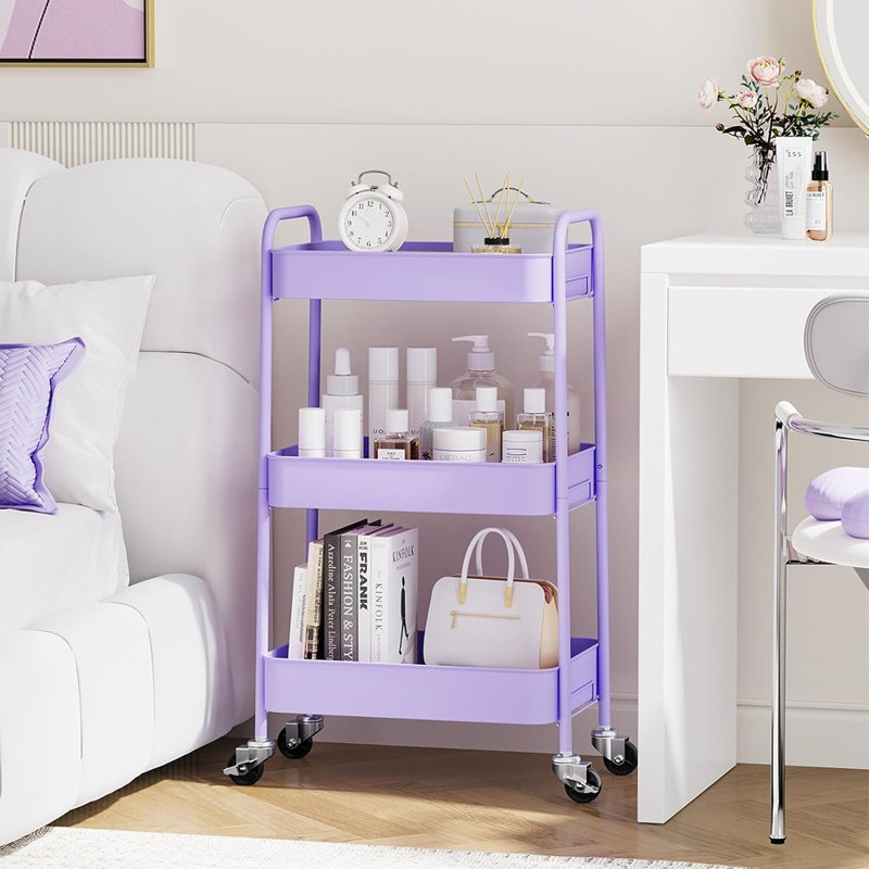 Chariot roulant à 3 niveaux - Organisateur de rangement utilitaire en métal avec roues verrouillables, 33 lb par tablette, assemblage sans outil de 5 minutes, pour cuisine, salle de bain, bureau, chambre de bébé, mauve