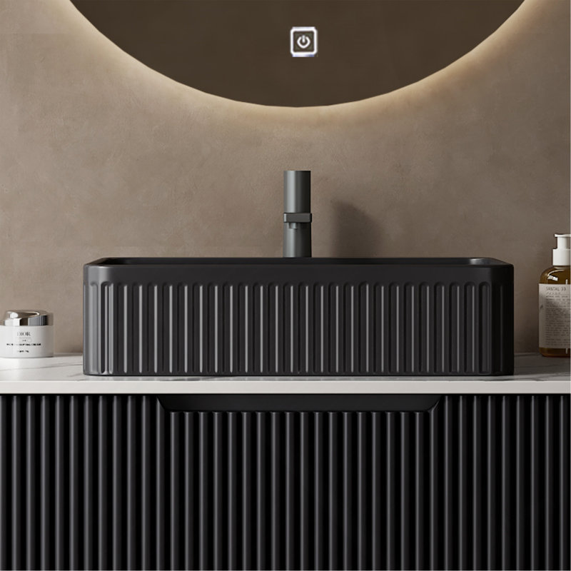 20"Bathroom Sink, Rectangular Striped Vessel Ceramic Basin Without Faucet, NO Cabinet, Black, Black
