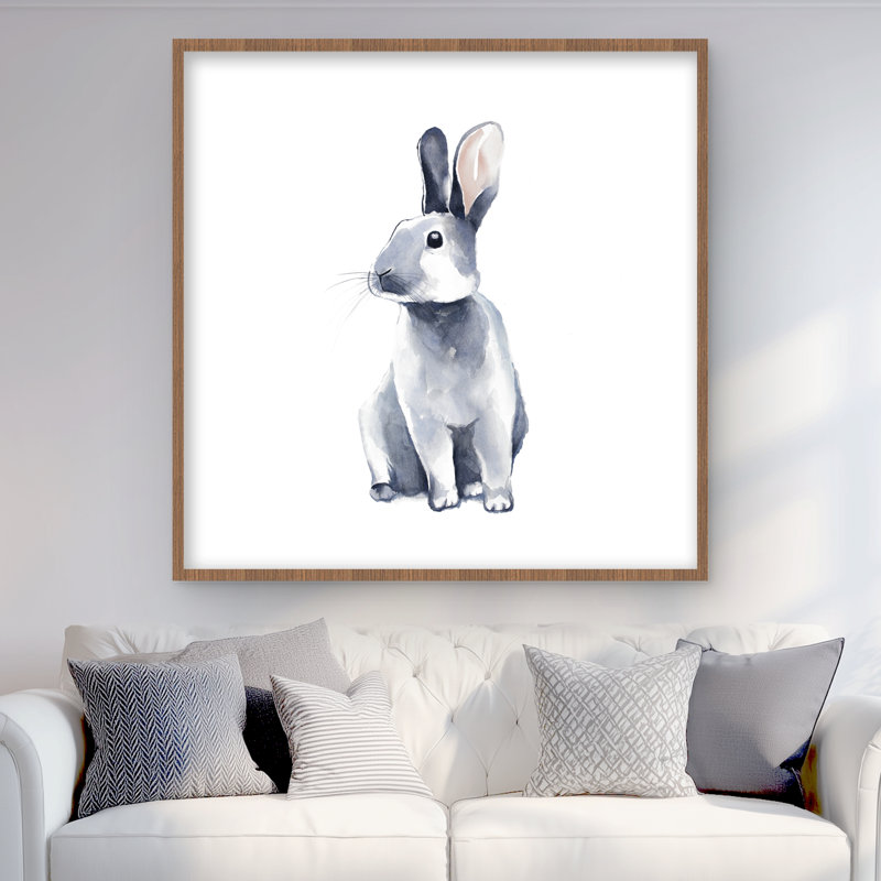 Gray Curious Rabbit - Framed Matted Print for Home Decor