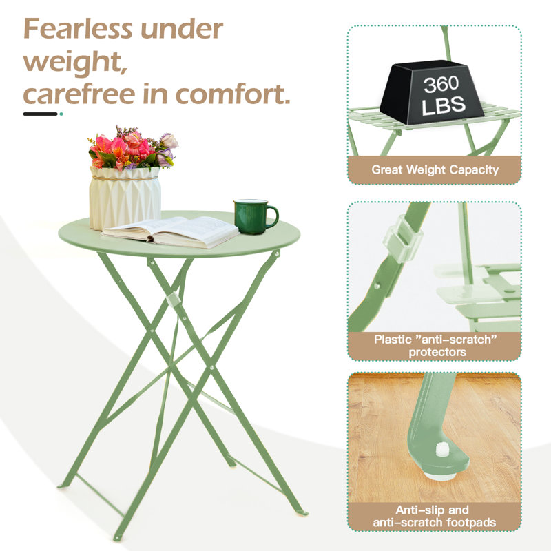 Anshu Iron Table And Folding Chair Set, 2 - Person Round Outdoor Dining Set, Green