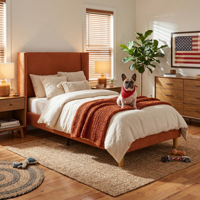 Janine Corduroy Upholstered Wingback Bed with Slat Kit and Solid and Manufactured Wood Frame