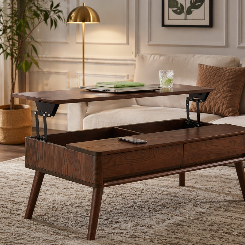 Table basse à plateau relevable en chêne avec compartiments de rangement cachés, 47.24"W, Walnut