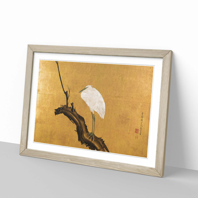Heron on a Willow Tree Branch by Maruyama Okyo - Picture Frame Painting Print, 48cm H x 65cm W x 2cm D, Oak Framed