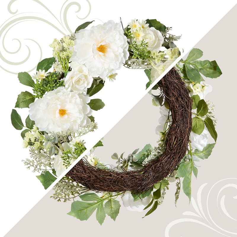 Couronne florale artificielle 22 po - fleurs de marguerite, de pivoine et de bouton d'or, porte d'entrée réaliste et décoration intérieure