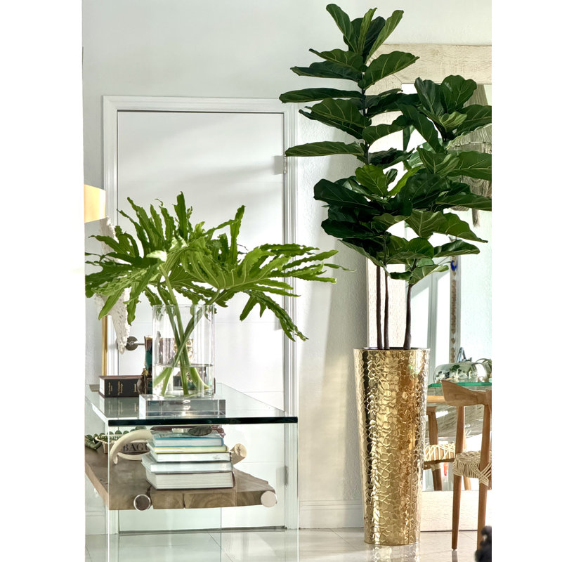 Fiddle Faux Fiddle Leaf Fig Tree in Metal Planter, 96" H x 42" W x 28" D, Gold