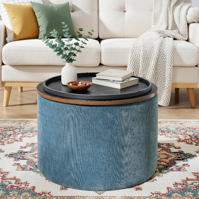  Repose-pieds rond 24 po avec tabouret gigogne et couvercle réversible, chenille, Bleu très foncé