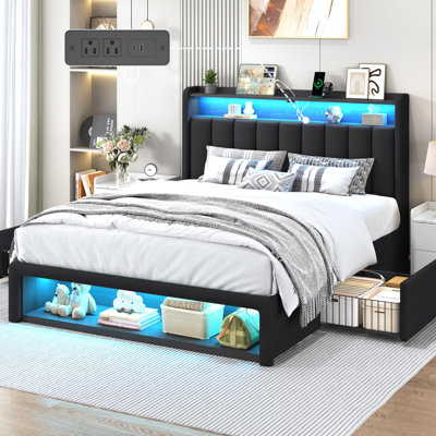Upholstered Platform Bed with Storage Headboard , 2 Storage Drawers & Footboard Cabinet, Charging Station and LED Lights