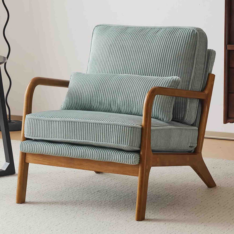 65cm Modern Solid Wood Frame Upholstered Accent Chair with Cushions and Lumbar, Light Blue