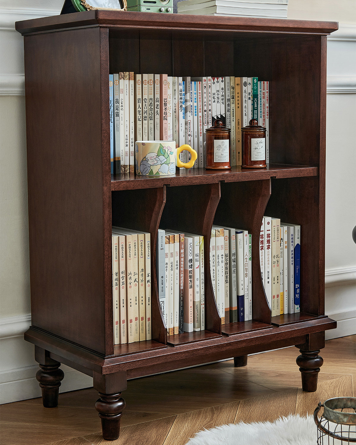 Image showcasing VICABY Solid Wood Floor-To-Ceiling Shelves, Walnut Wood, Wall-To-Wall ...