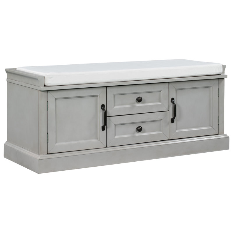 Storage Bench With 2 Drawers And 2 Cabinets, Gray Wash