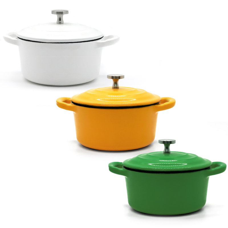 RJ LEGEND 0.25 Quarts Non-Stick Enameled Cast Iron Round Dutch Oven Set, Yellow/Green/White