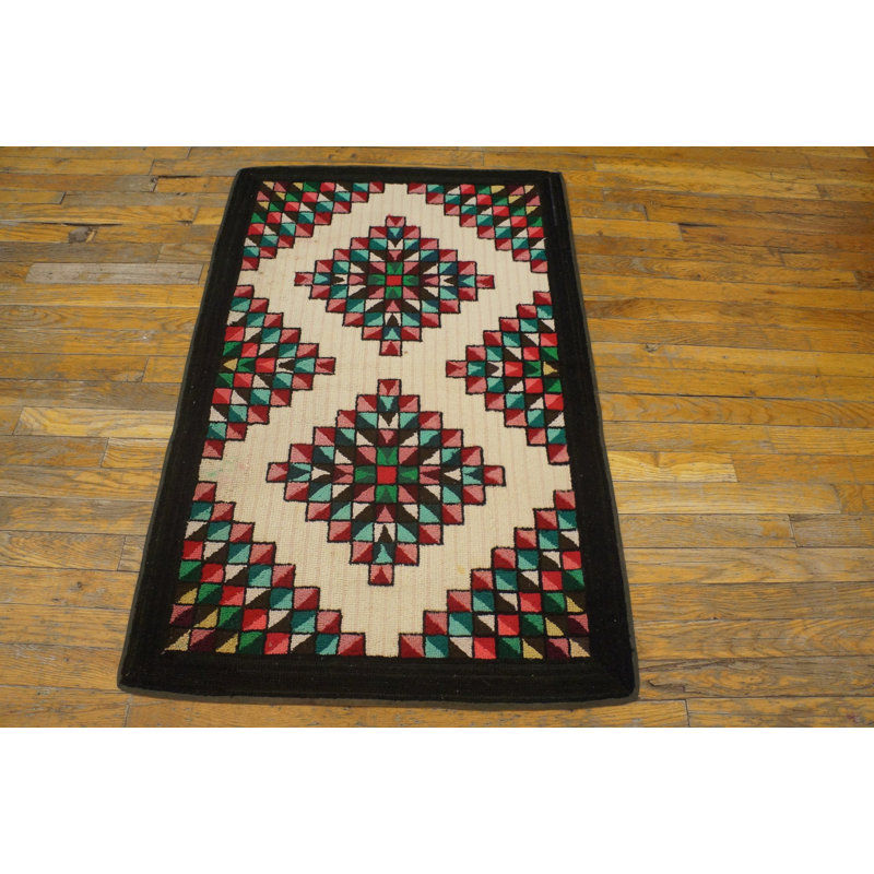 Small Scatter Size American Multicolor Hooked 1930s Wool Antique Rug