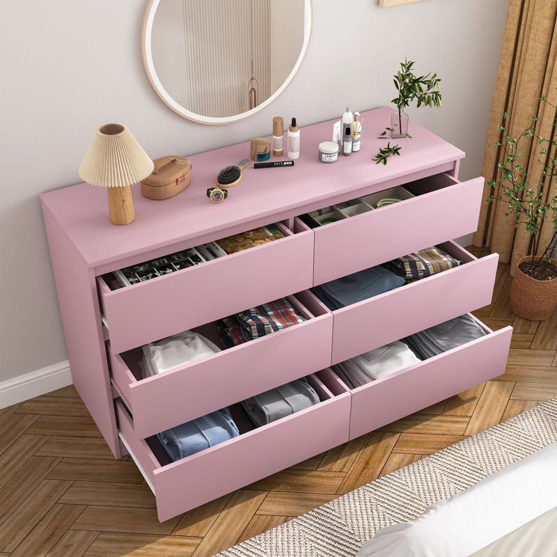 Bisset 47.25'' W 6 - Drawer Dresser, Pink