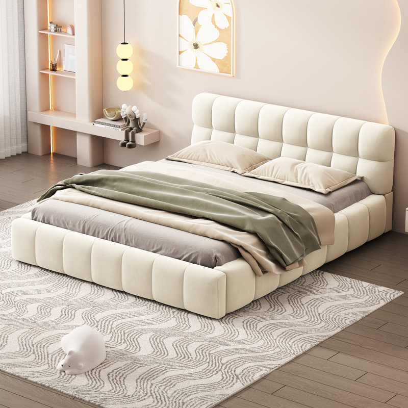 Upholstered Bed, Beige, European Double (140 x 200 cm)