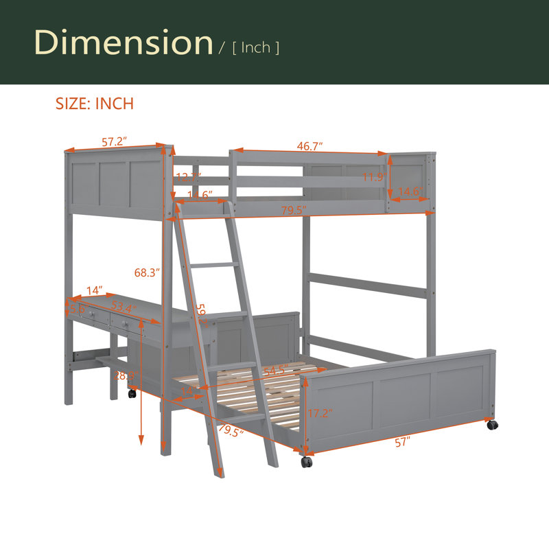 Lit superposé avec bureau, Gris, Lit superposé double sur double