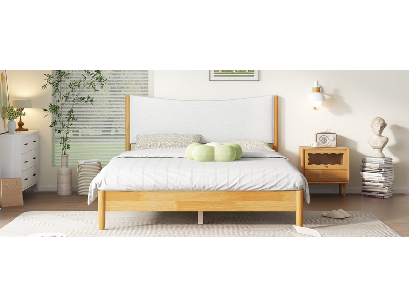 Grand lit en bois d'hévéa massif avec tête de lit tapissier Boucle, rehaussé de pieds de soutien, blanc hêtre