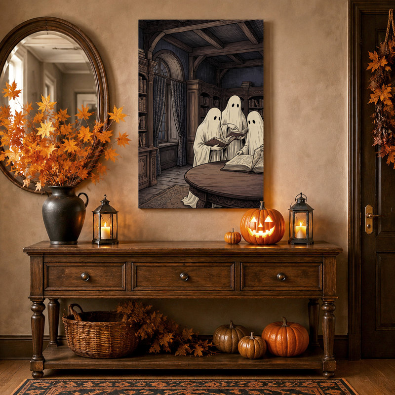 Trois fantômes lisant des livres dans une bibliothèque en bois, art mural d'Halloween, 24"H x 16"W