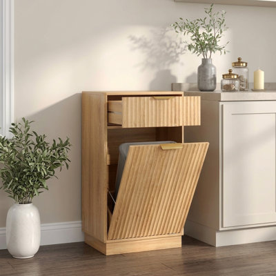 13.8" W Modern Farmhouse Freestanding Tilt-Out Trash Can Cabinet with Wave-Textured Drawer and Pull-Out Bin in Oak Finish