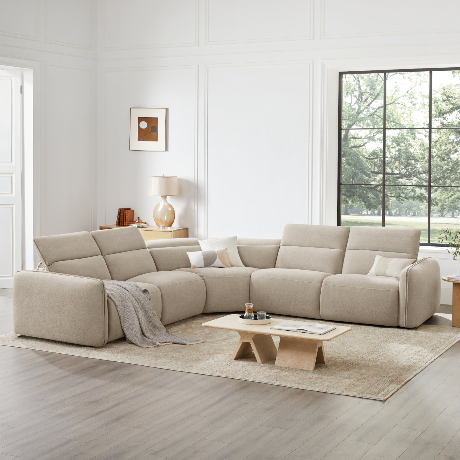 Bayne Upholstered Recliner Sectional, Elite Sand Chenille