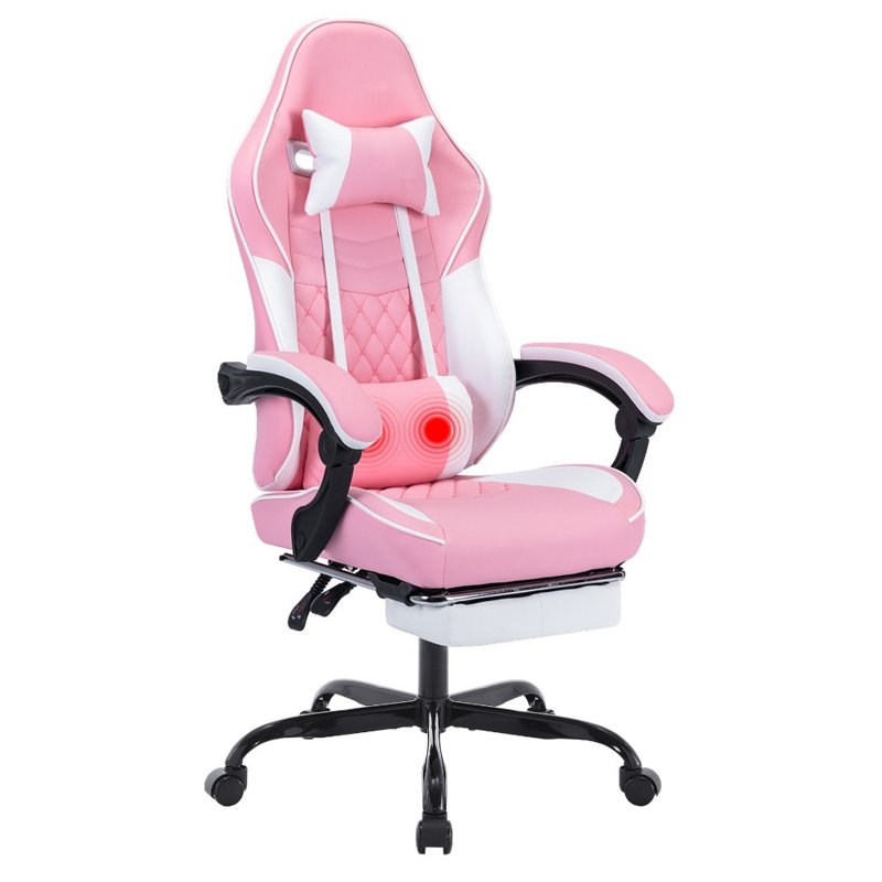 Ergonomic Massage Gaming Chair - Racing Style with Lumbar Support, Footrest & Adjustable Headrest for Adults, Pink/White